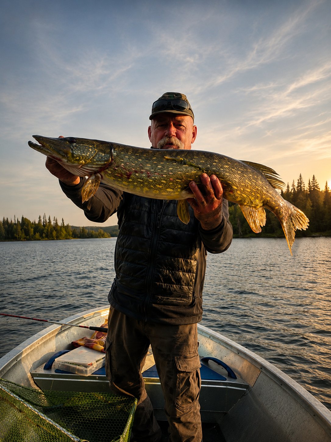 Angler mit Hecht im Boot bei Abendlicht