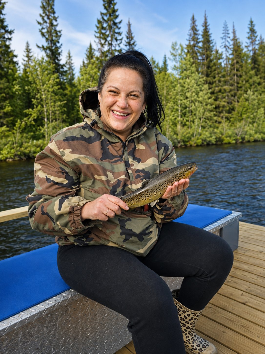 Angler praesentiert einen Hecht vor sommerlichem Seeufer