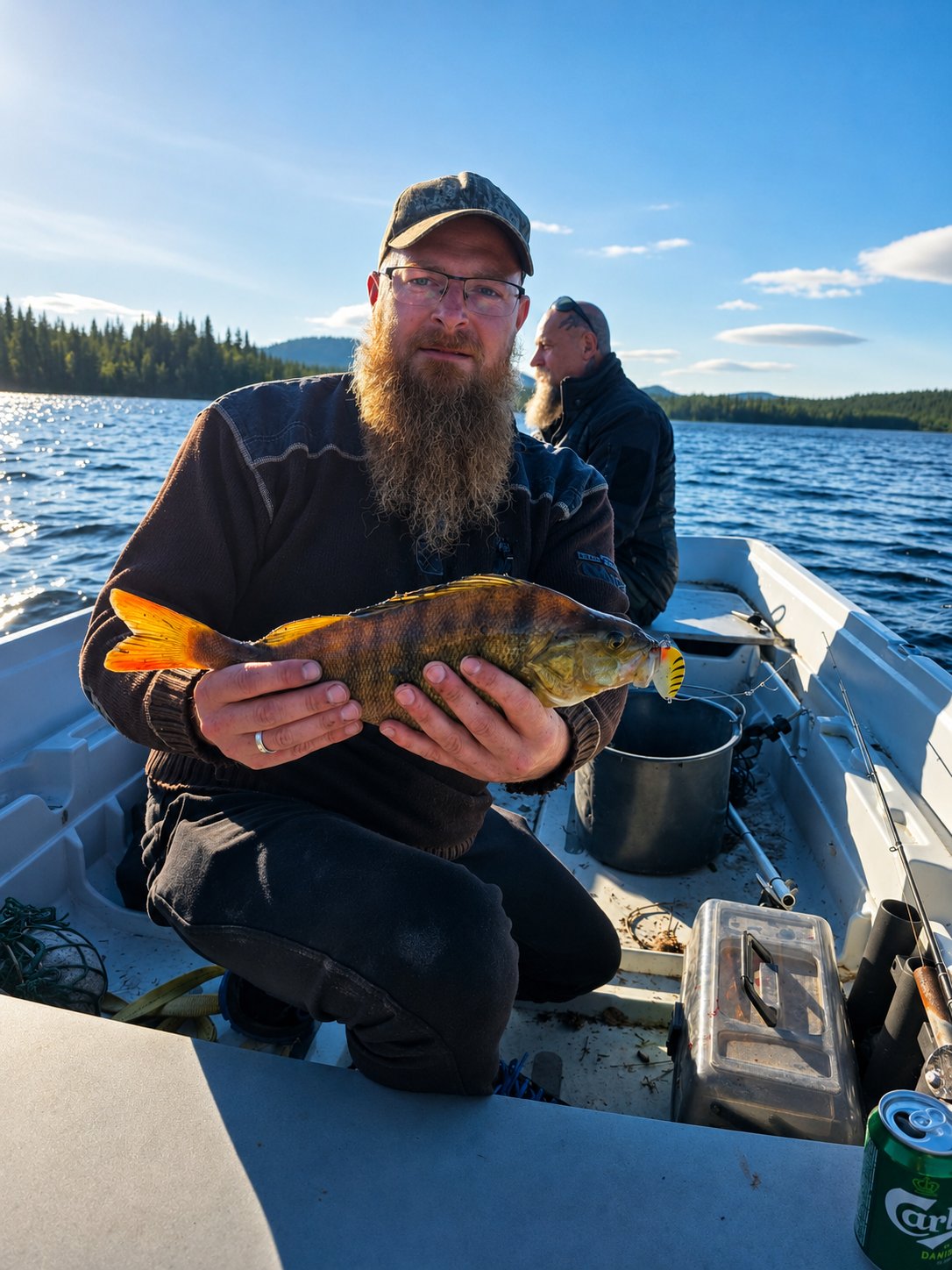 Angler sitzt im Boot und haelt einen Saibling