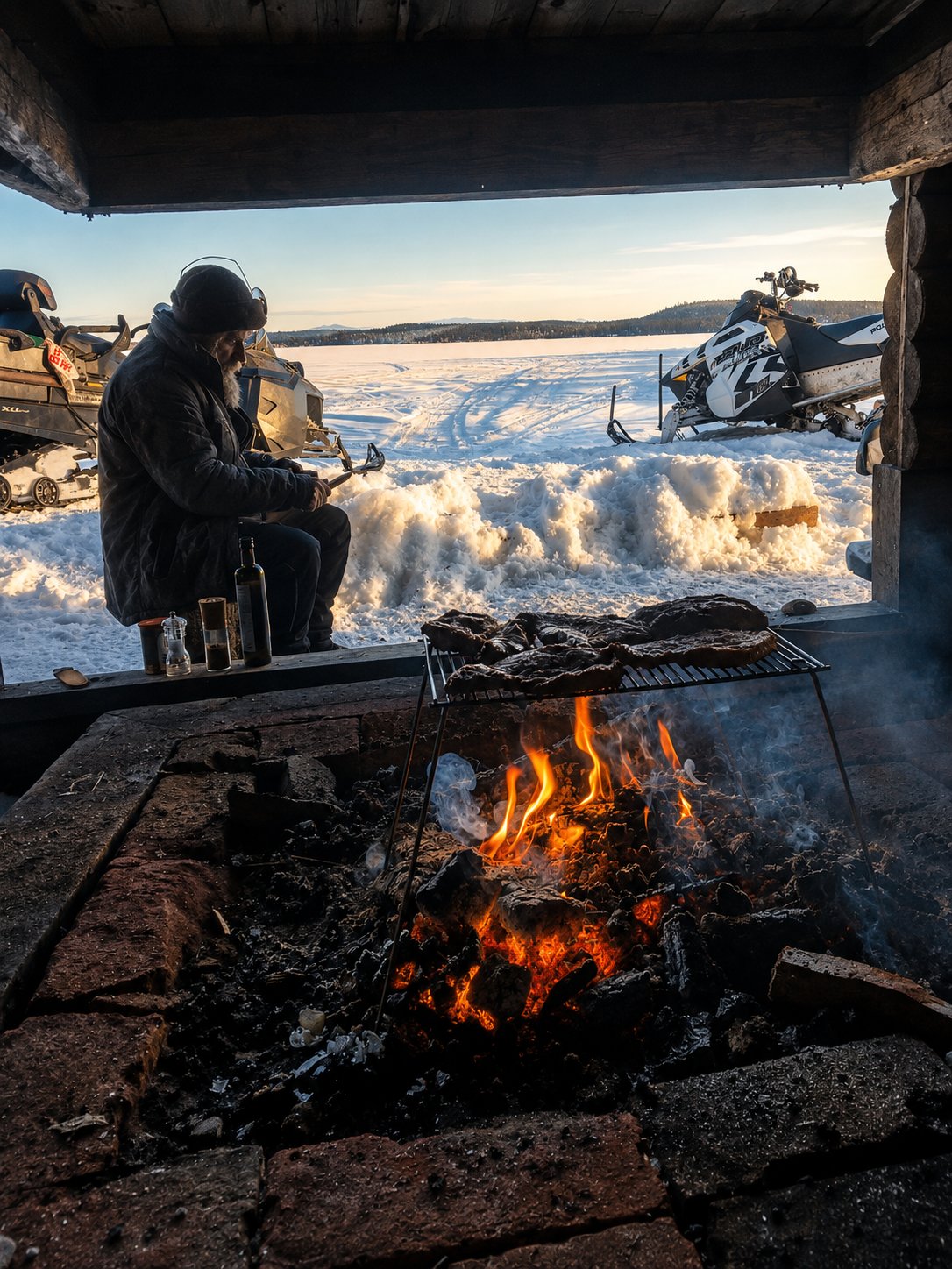 Feuerstelle im Unterstand mit Blick in die Winterlandschaft